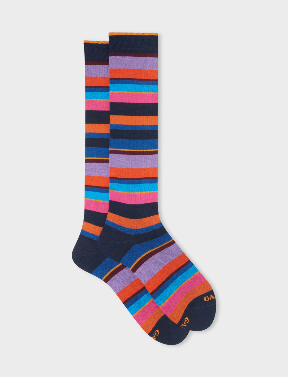Men's long navy/copper cotton socks with multicoloured stripes - Gallo 1927 - Official Online Shop