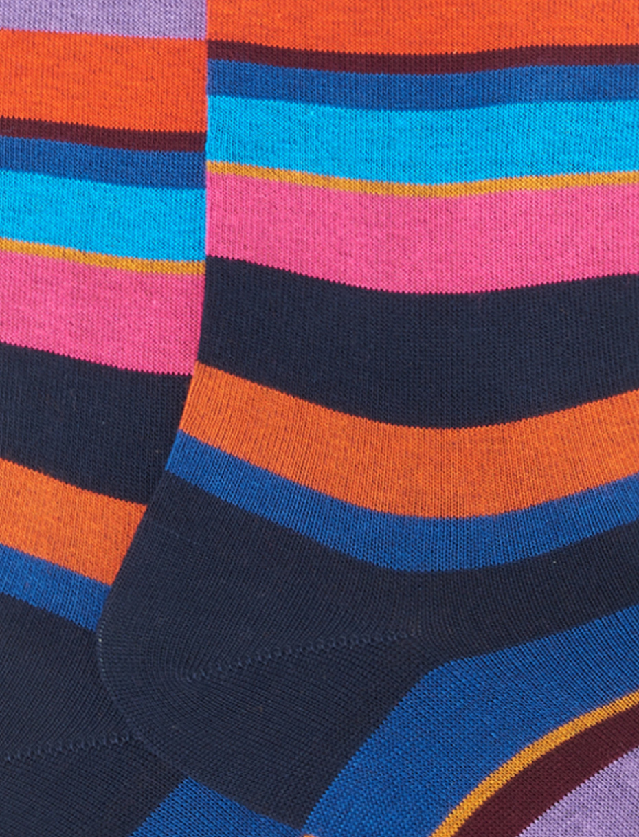 Men's long navy/copper cotton socks with multicoloured stripes - Gallo 1927 - Official Online Shop