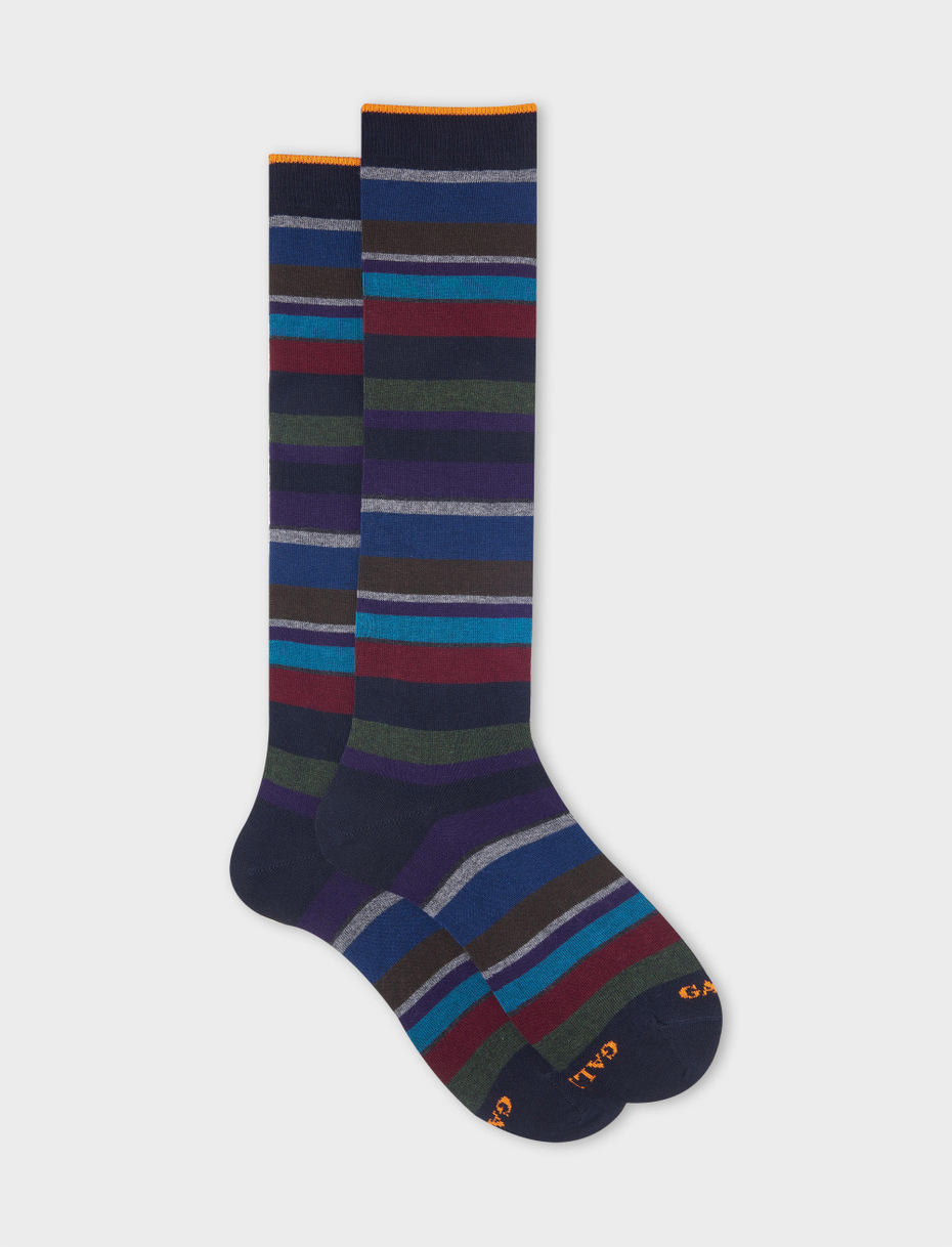 Men's long blue/burgundy cotton socks with multicoloured stripes - Gallo 1927 - Official Online Shop