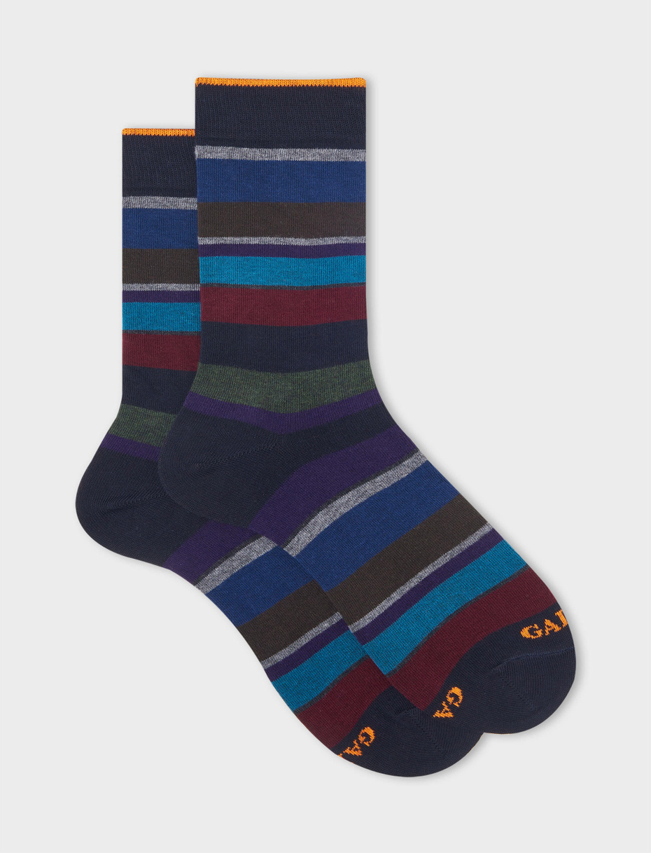 Men's short blue/burgundy cotton socks with multicoloured stripes - Gallo 1927 - Official Online Shop