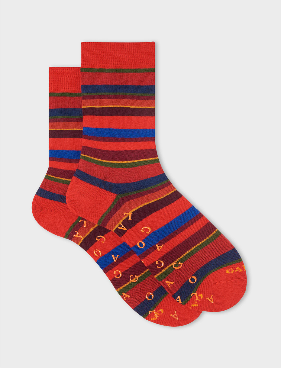 Men's short non-slip red cotton socks with multicoloured stripes - Gallo 1927 - Official Online Shop