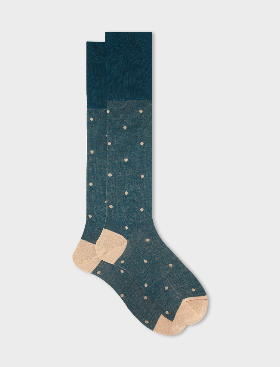 Men's long peacock blue cotton socks with polka dots on iridescent base - Gallo 1927 - Official Online Shop
