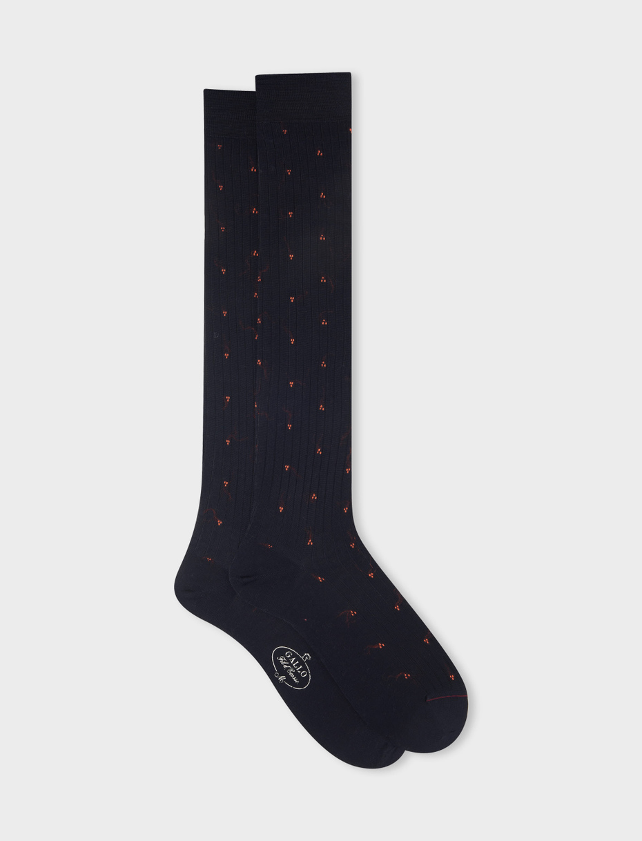 Men's long blue cotton socks with orange embroidery - Gallo 1927 - Official Online Shop