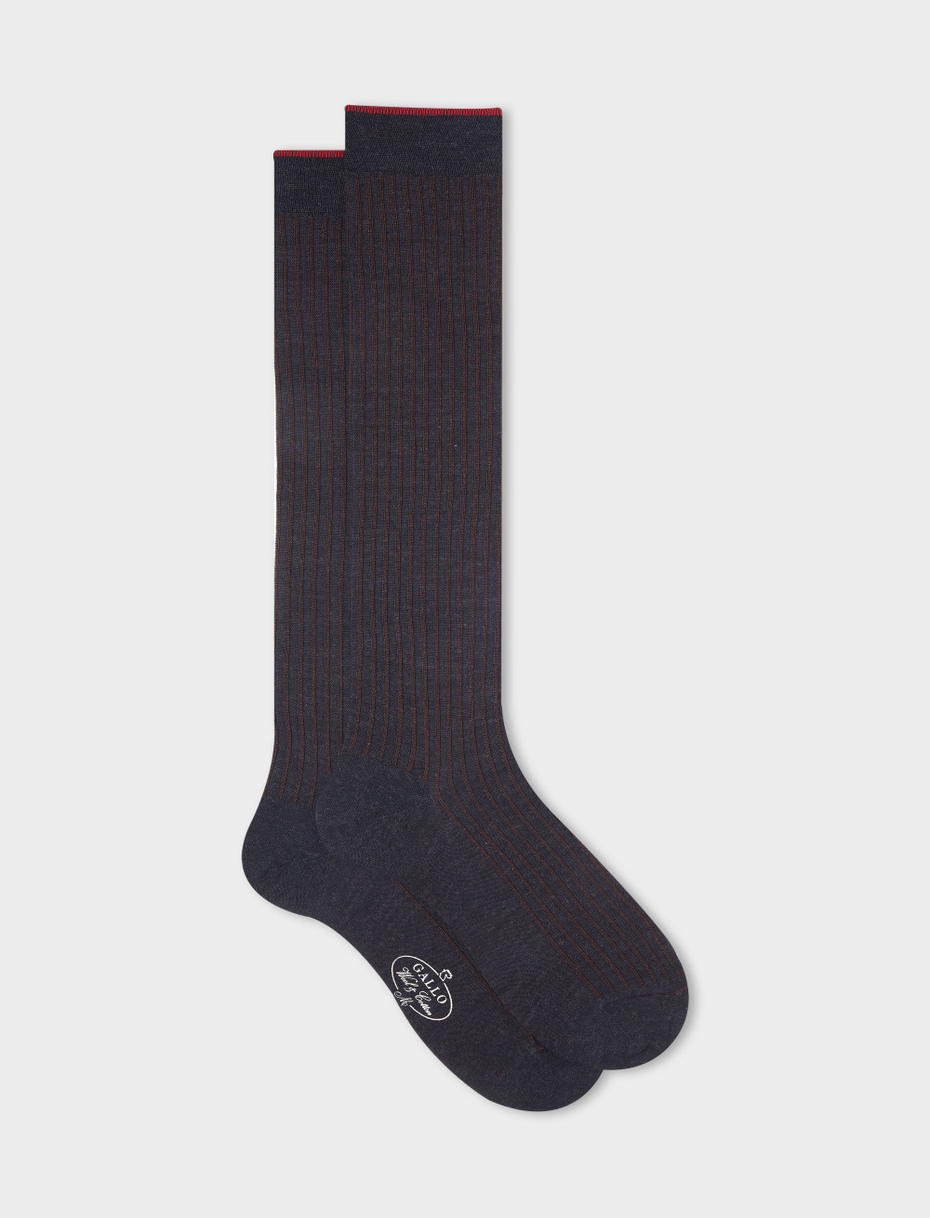Men's long charcoal grey/tobacco twin-rib cotton and wool socks - Gallo 1927 - Official Online Shop