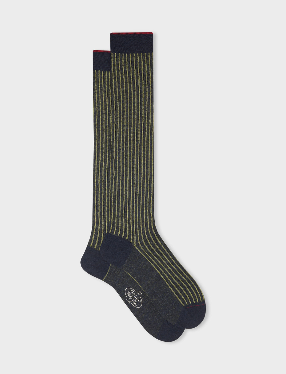 Men's long heather blue/limoncello twin-rib cotton and wool socks - Gallo 1927 - Official Online Shop