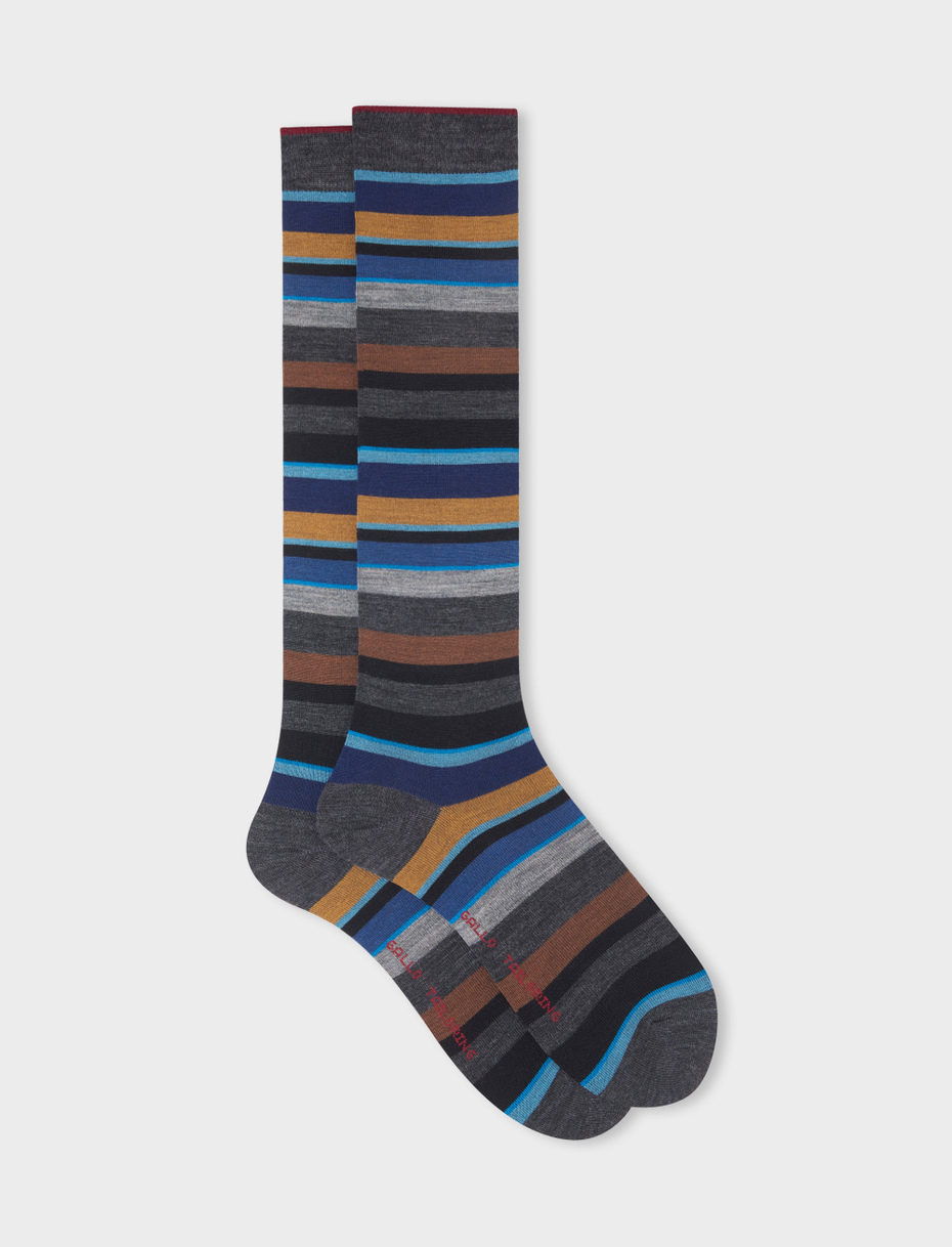 Men's long iron grey wool socks with multicoloured stripes - Gallo 1927 - Official Online Shop
