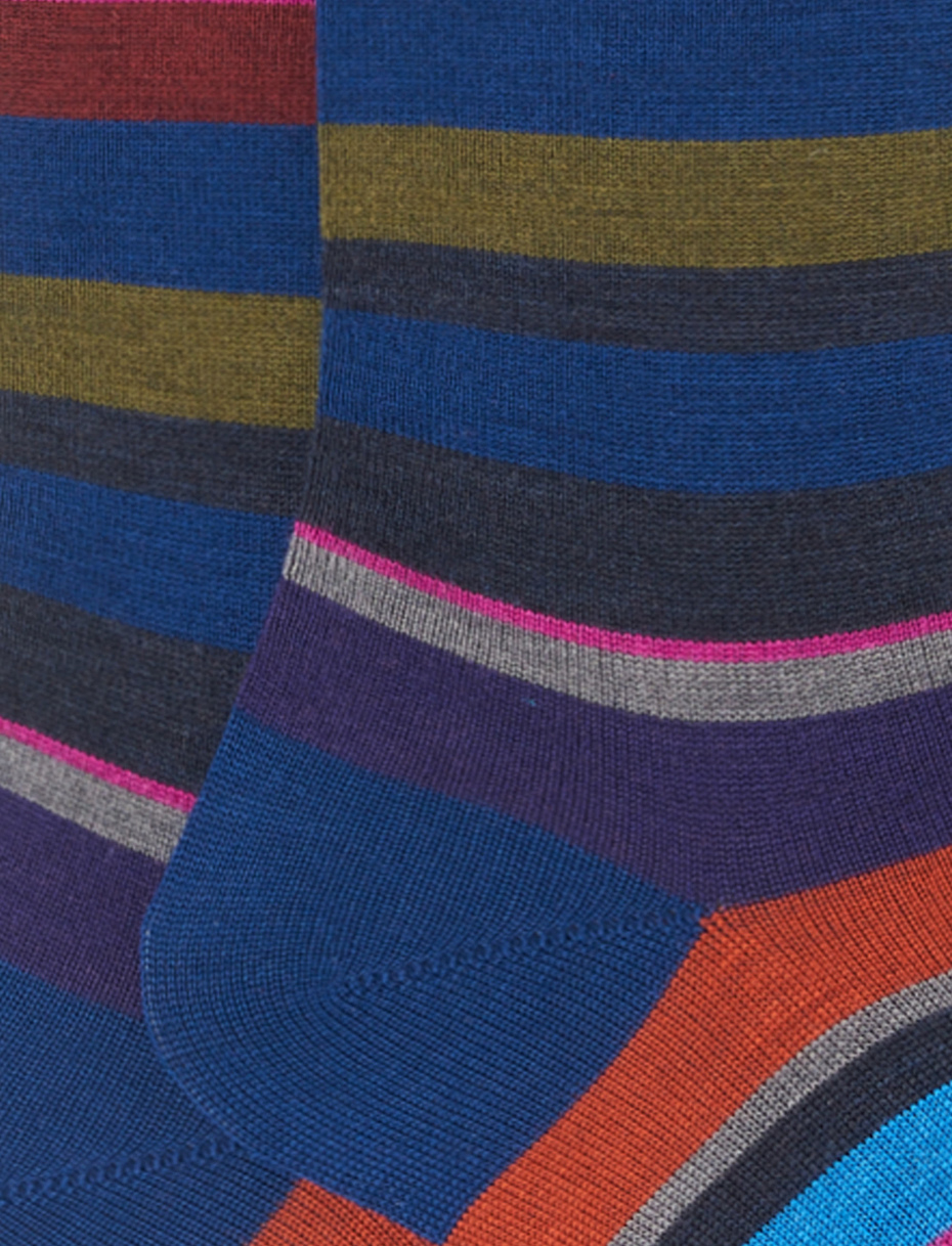 Men's long lake blue wool socks with multicoloured stripes - Gallo 1927 - Official Online Shop