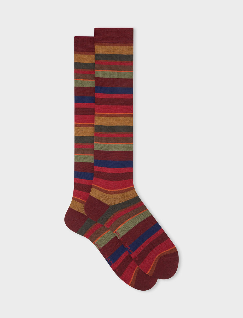 Men's long blood red wool socks with multicoloured stripes - Gallo 1927 - Official Online Shop