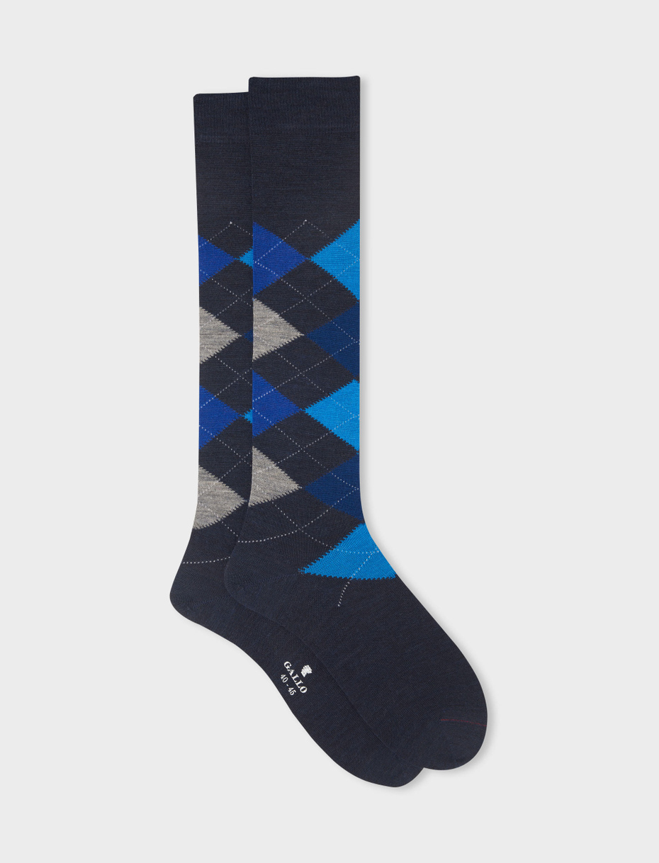 Men's long heather blue wool socks with inlay motif - Gallo 1927 - Official Online Shop
