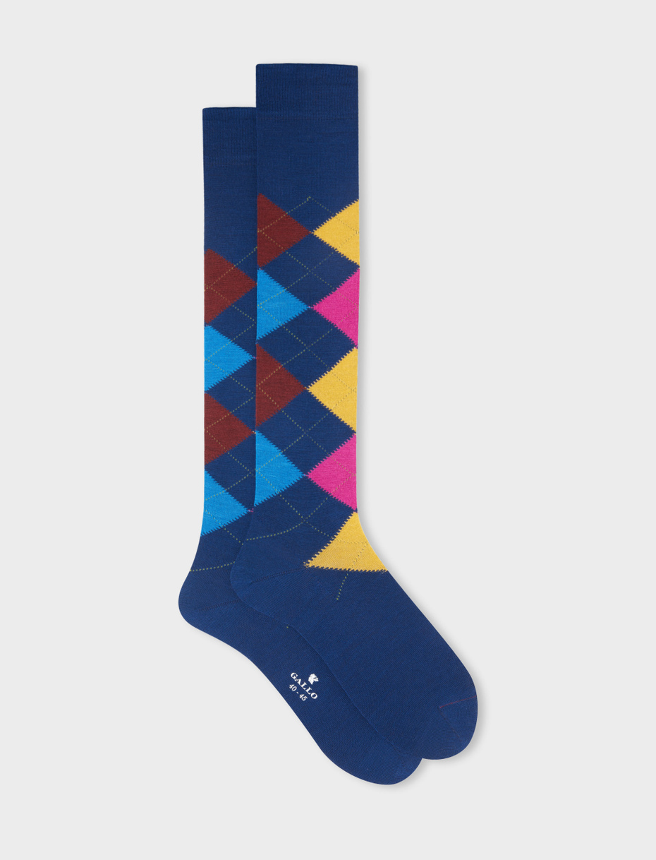 Men's long lake blue wool socks with inlay motif - Gallo 1927 - Official Online Shop