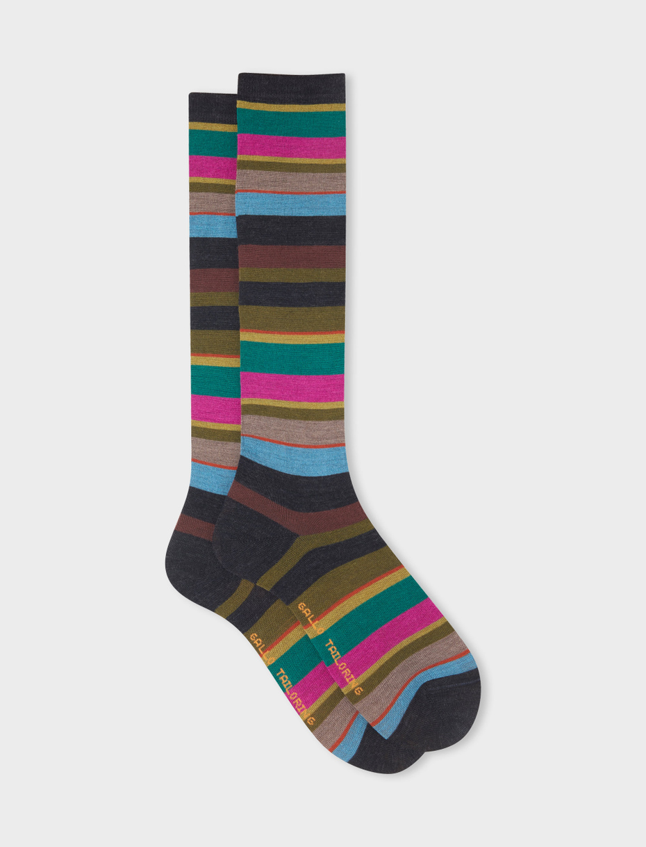 Women's long charcoal grey wool socks with multicoloured stripes - Gallo 1927 - Official Online Shop