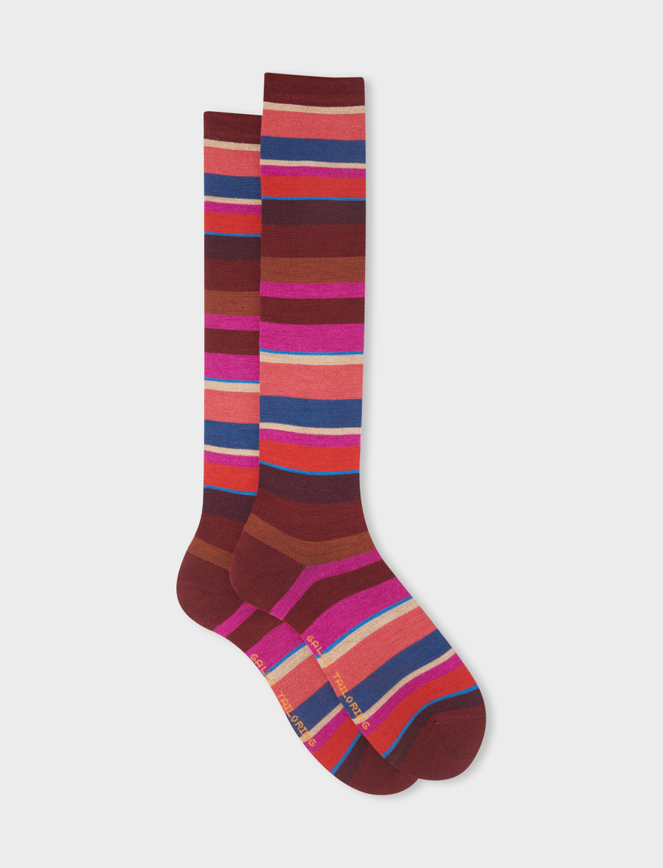 Women's long blood red wool socks with multicoloured stripes - Gallo 1927 - Official Online Shop