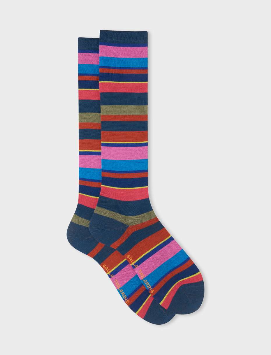 Women's long peacock blue wool socks with multicoloured stripes - Gallo 1927 - Official Online Shop