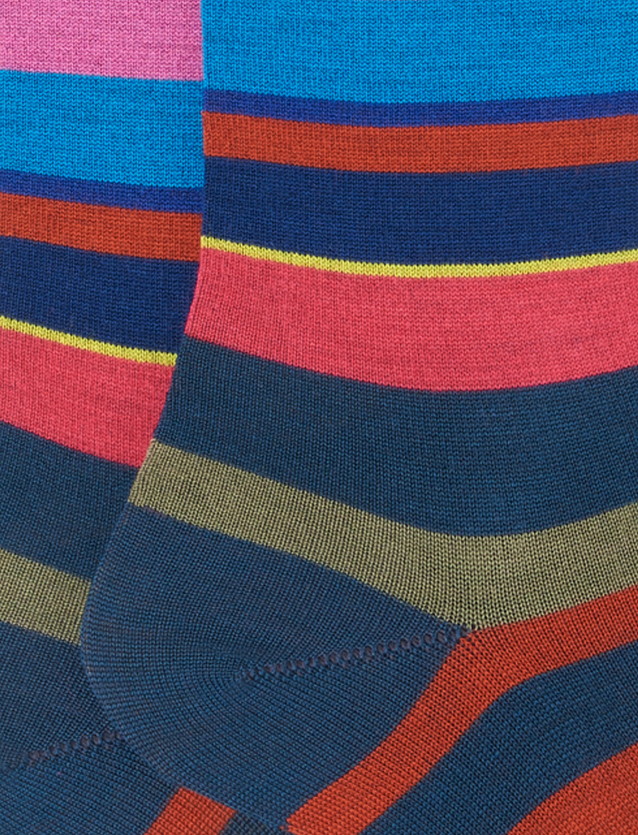 Women's long peacock blue wool socks with multicoloured stripes - Gallo 1927 - Official Online Shop