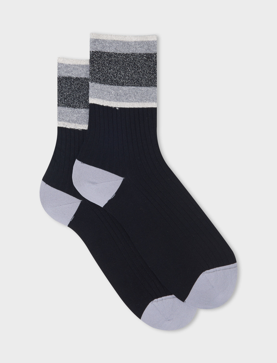 Women's short ribbed plain black cotton socks with lurex-striped cuff - Gallo 1927 - Official Online Shop