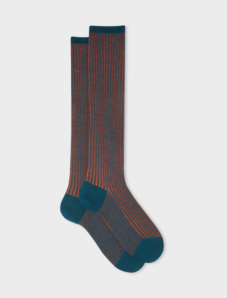 Women's long peacock blue plated cotton socks - Gallo 1927 - Official Online Shop