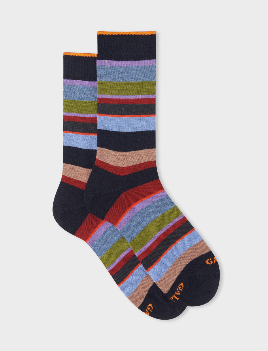 Men's short blue cotton blend socks with multicoloured stripes - Gallo 1927 - Official Online Shop