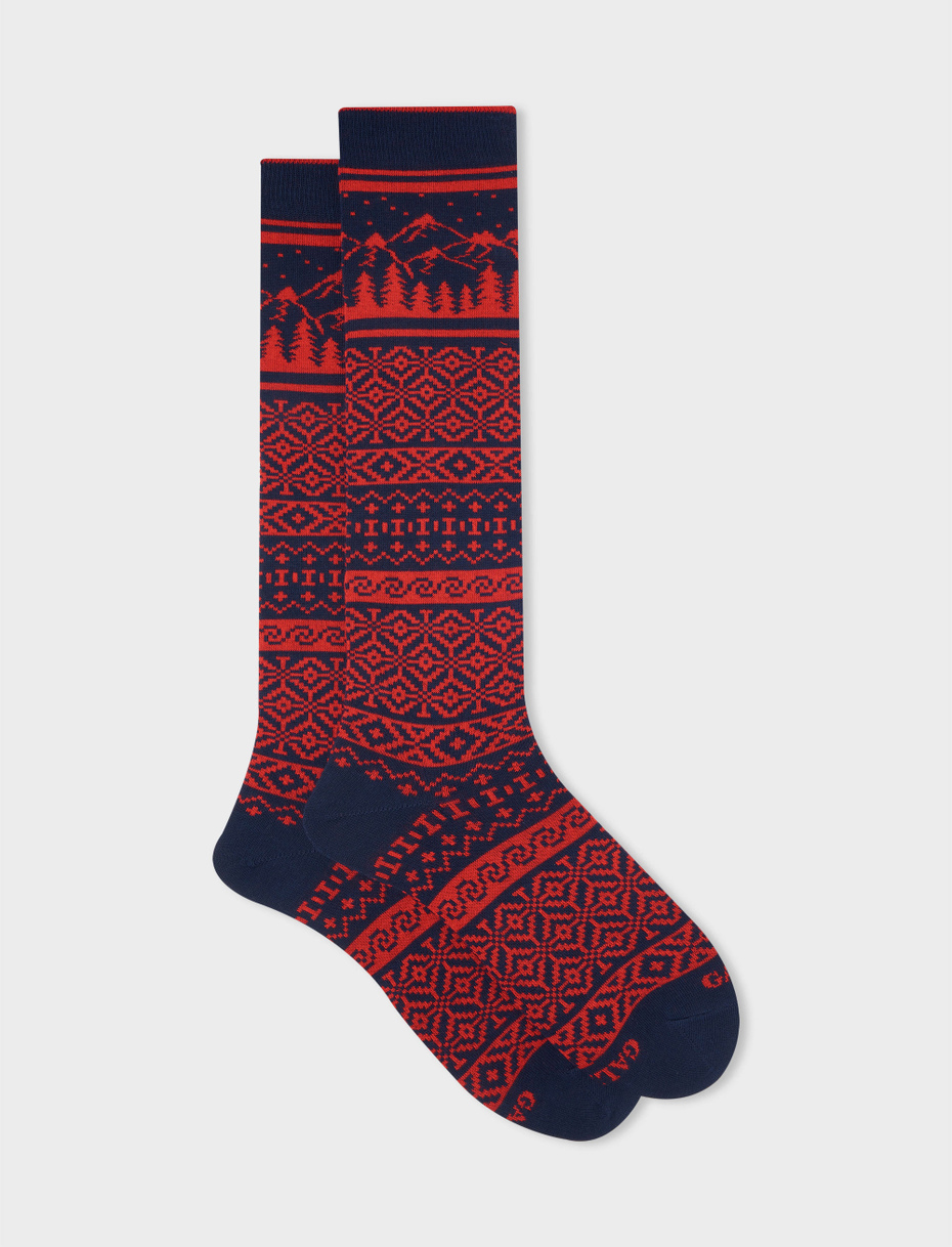 Men's long navy cotton socks with decorative Christmas motif - Gallo 1927 - Official Online Shop
