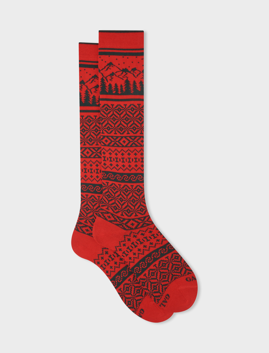 Women's long red cotton socks with decorative Christmas motif - Gallo 1927 - Official Online Shop