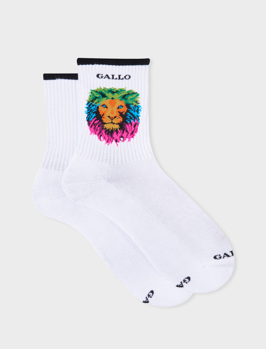 Men's short white cotton terry cloth socks with rainbow lion motif - Gallo 1927 - Official Online Shop