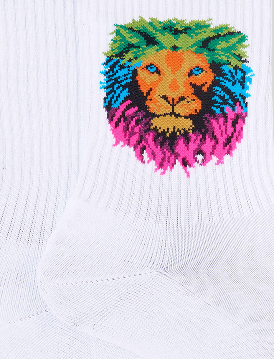 Men's short white cotton terry cloth socks with rainbow lion motif - Gallo 1927 - Official Online Shop