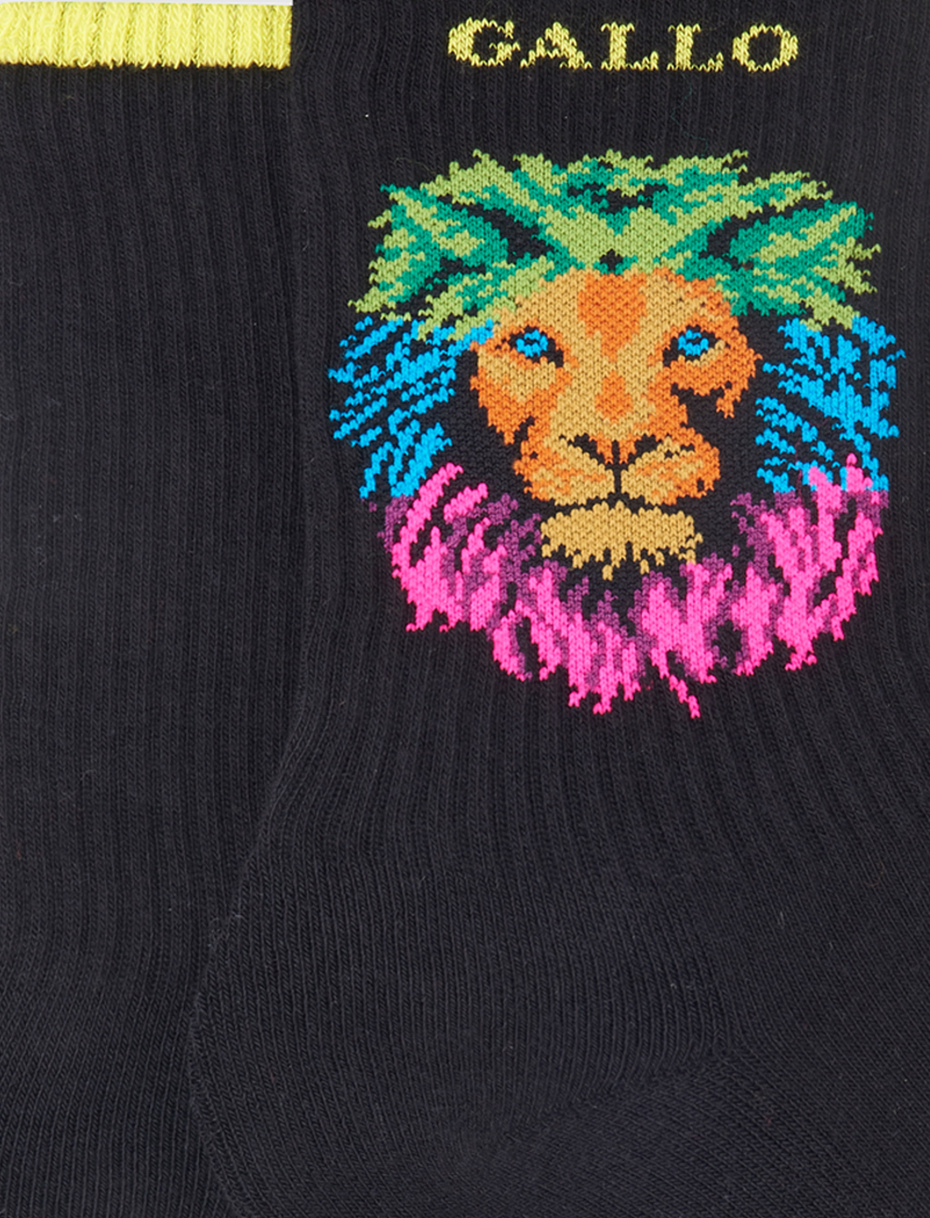 Men's short black cotton terry cloth socks with rainbow lion motif - Gallo 1927 - Official Online Shop