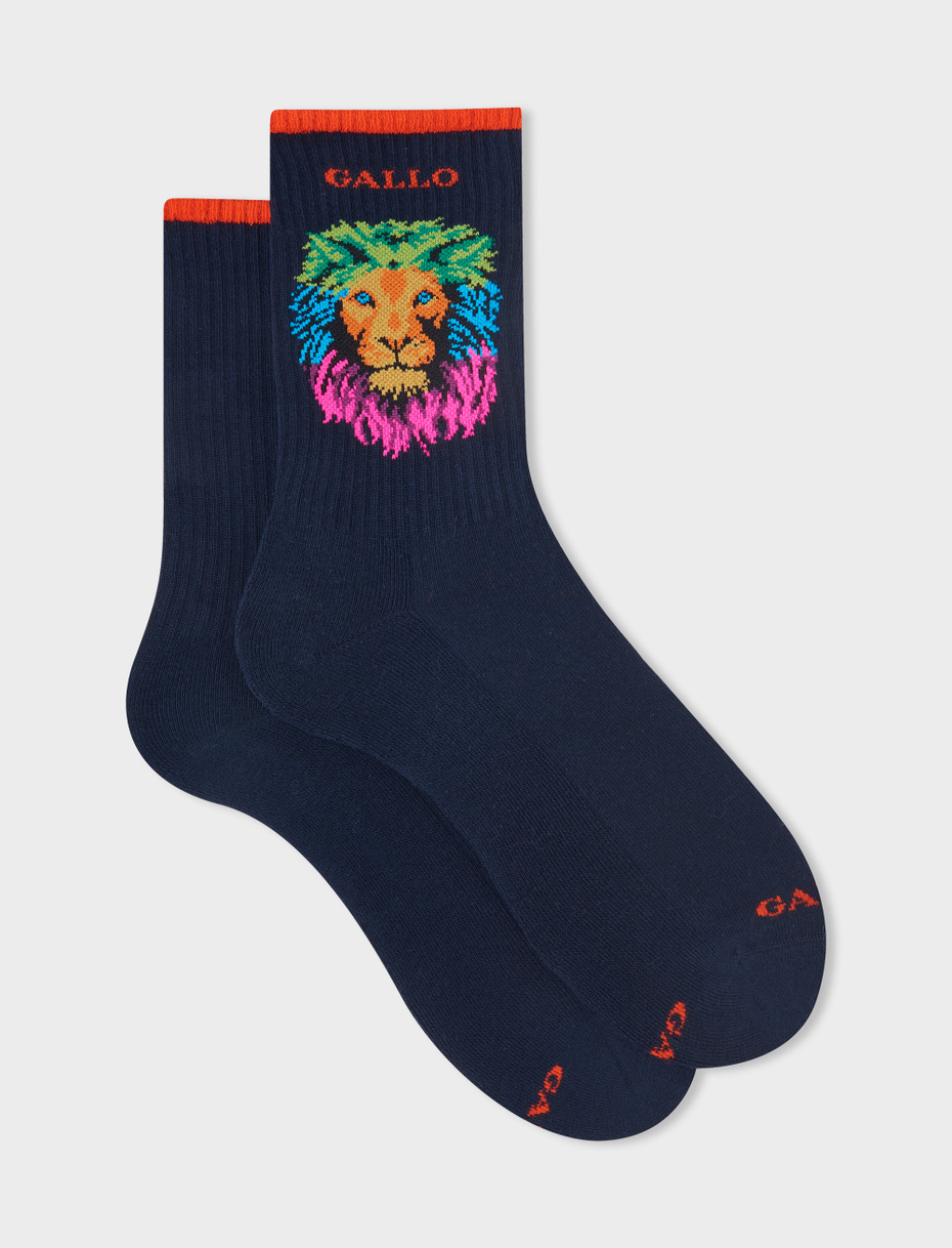 Men's short navy cotton terry cloth socks with rainbow lion motif - Gallo 1927 - Official Online Shop