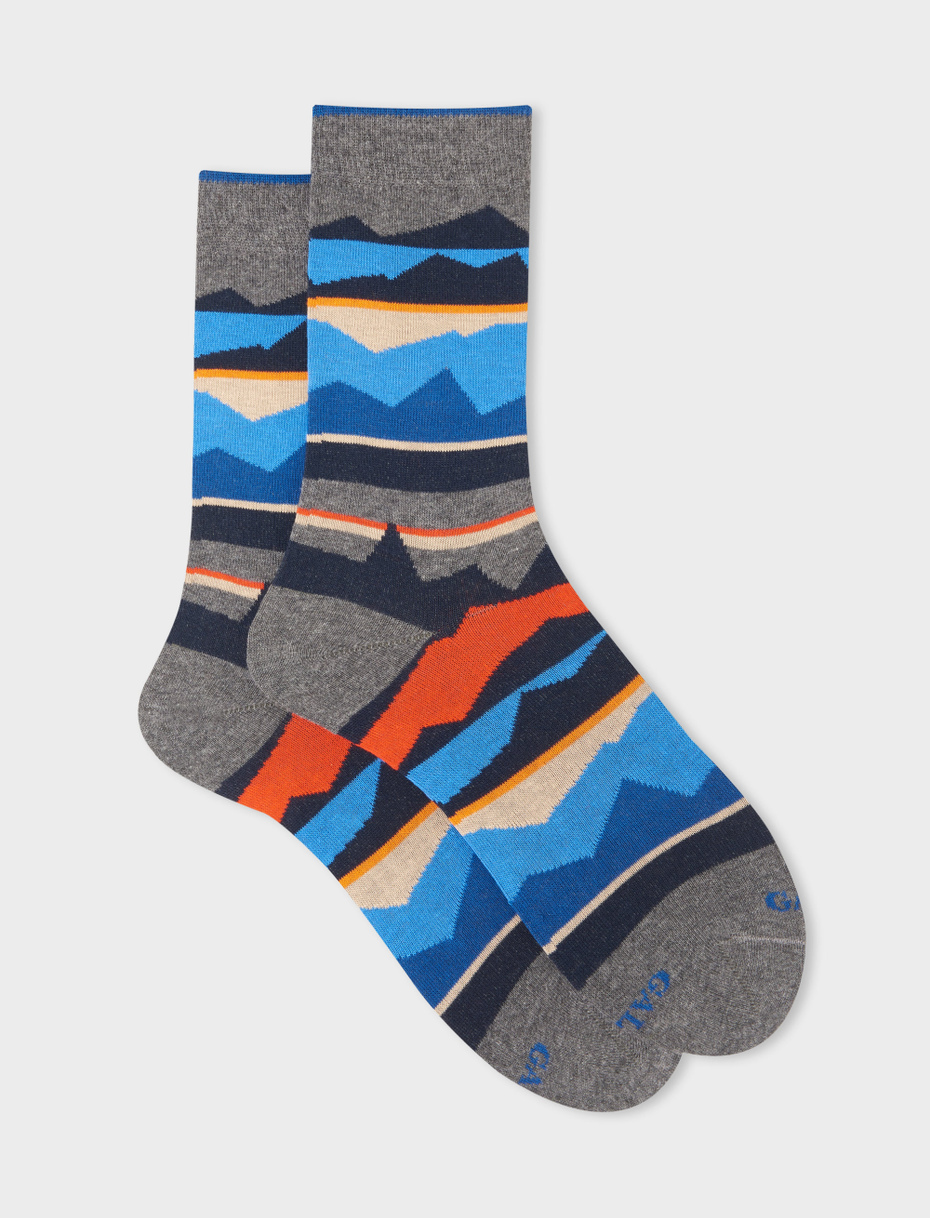 Men's short pyrite cotton socks with multicoloured mountain motif - Gallo 1927 - Official Online Shop