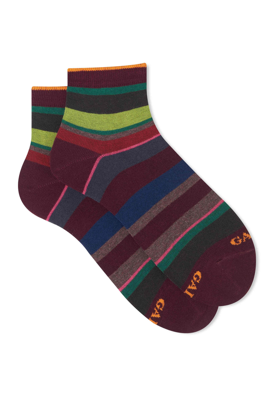 Women's super short burgundy cotton socks with multicoloured stripes - Gallo 1927 - Official Online Shop