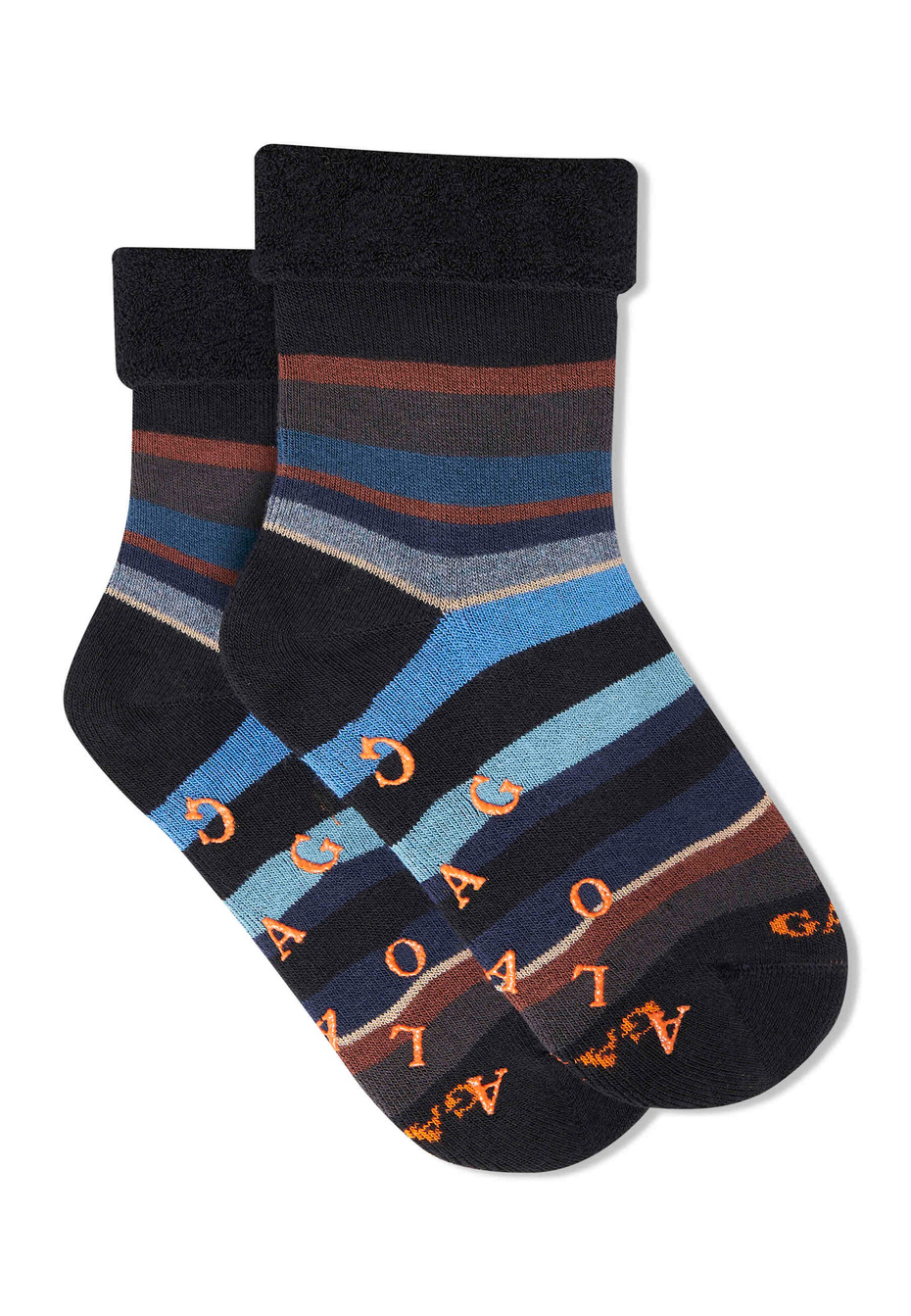 Kids' non-slip blue/sand cotton socks with multicoloured stripes - Gallo 1927 - Official Online Shop