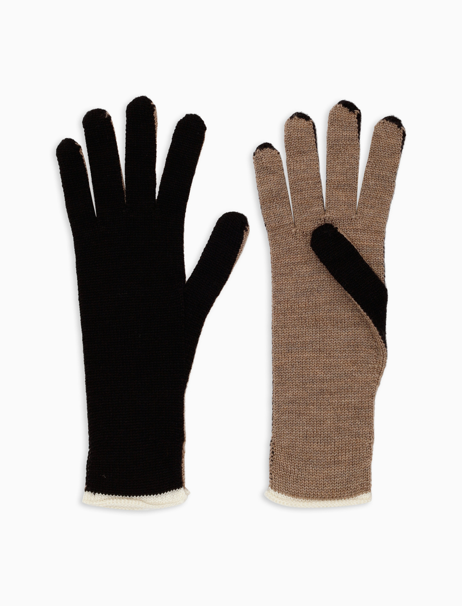 Women's plain black wool, silk and cashmere gloves with contrasting details - Gallo 1927 - Official Online Shop
