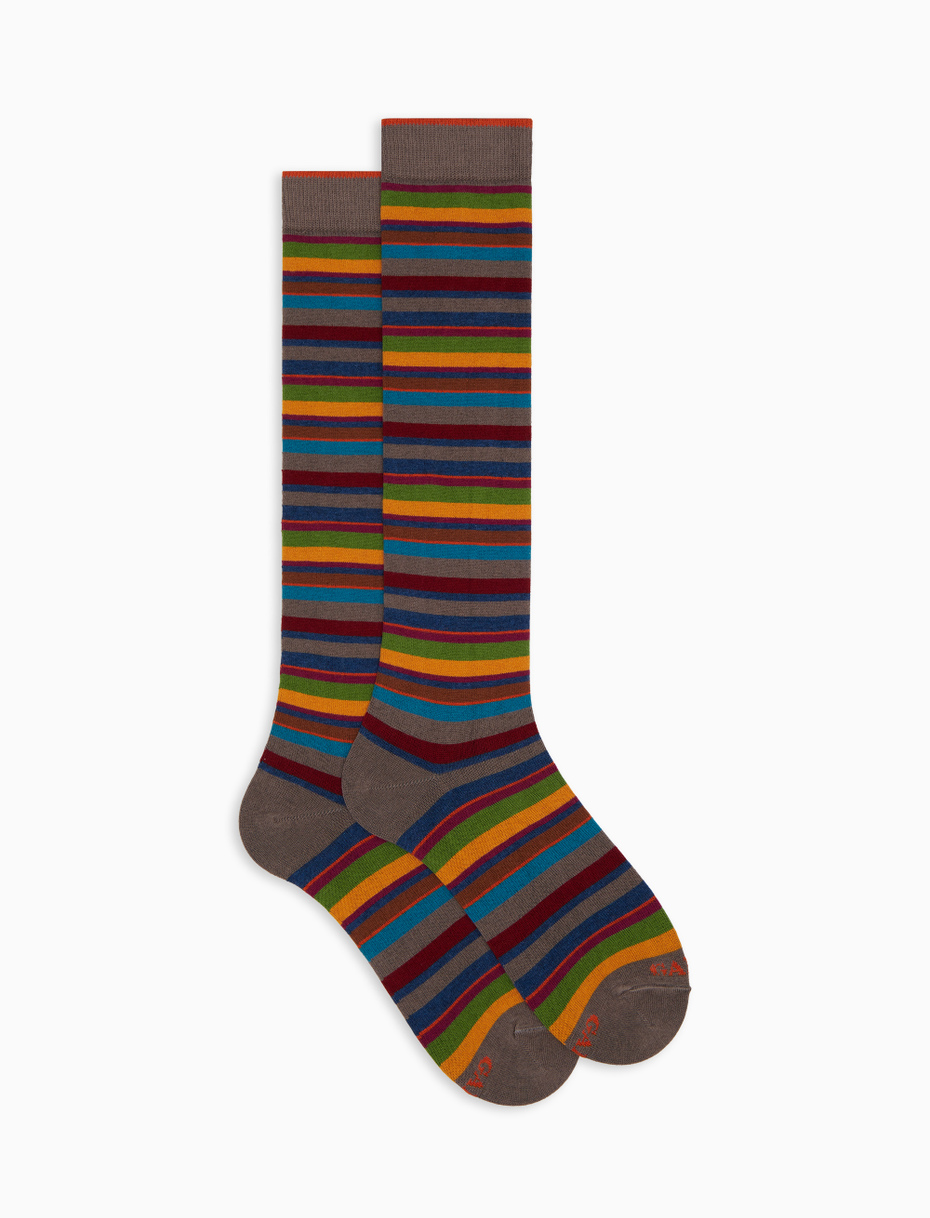 Women's long brown cotton and cashmere socks with multicoloured micro stripes - Gallo 1927 - Official Online Shop