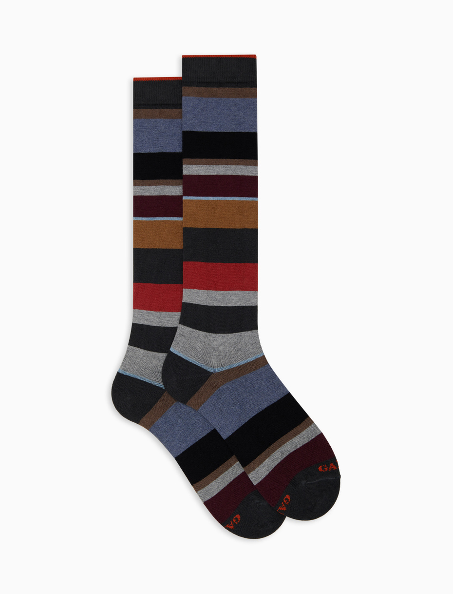 Women's long grey cotton and cashmere socks with multicoloured macro stripes - Gallo 1927 - Official Online Shop