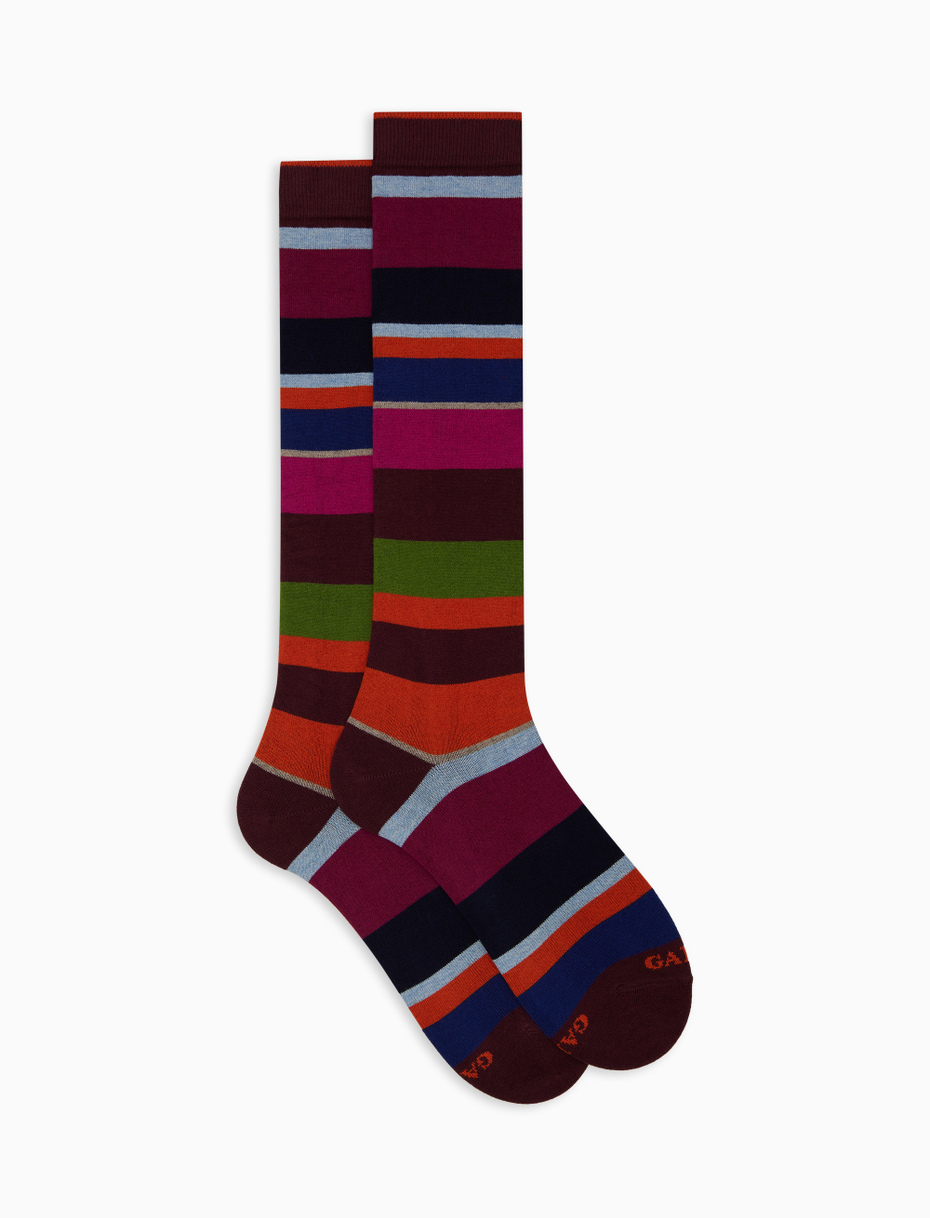 Women's long fuchsia cotton and cashmere socks with multicoloured macro stripes - Gallo 1927 - Official Online Shop