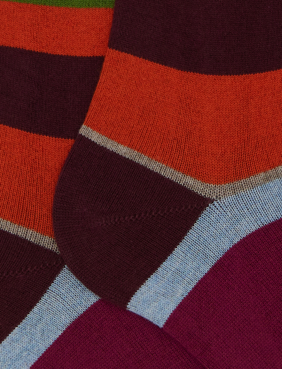 Women's long fuchsia cotton and cashmere socks with multicoloured macro stripes - Gallo 1927 - Official Online Shop