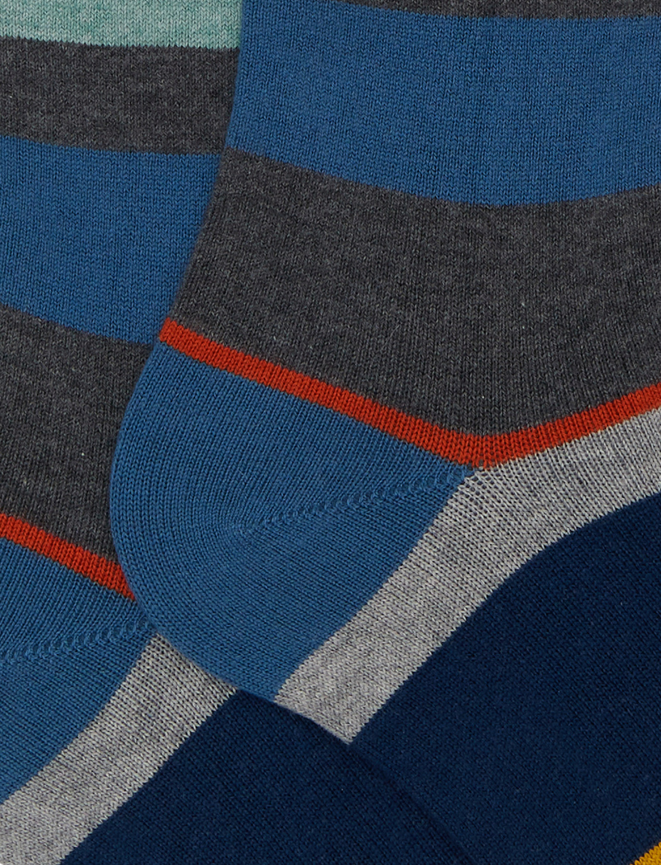 Women's long light blue cotton and cashmere socks with multicoloured macro stripes - Gallo 1927 - Official Online Shop