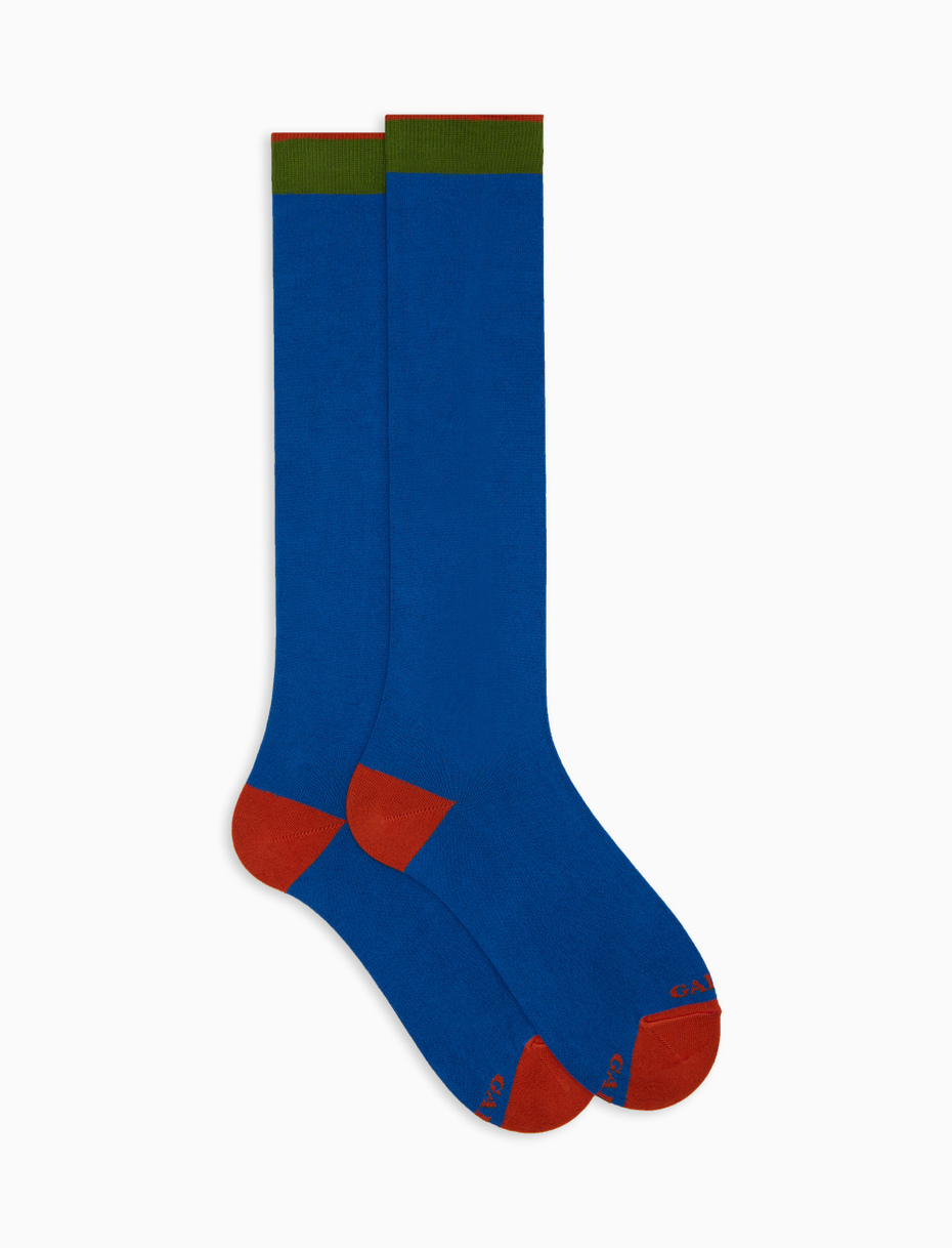 Women's long plain light blue cotton and cashmere socks with contrasting details - Gallo 1927 - Official Online Shop