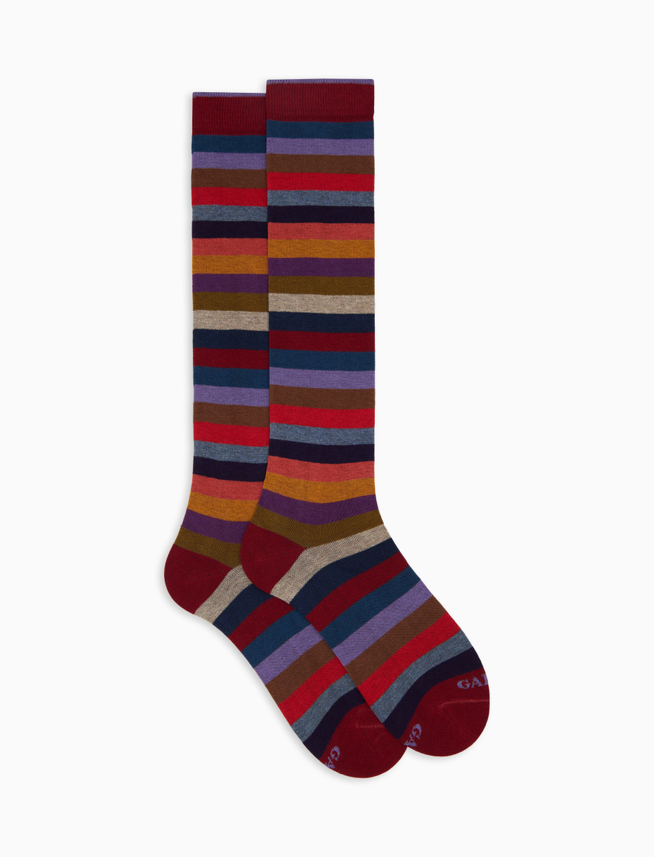 Women's long burgundy cotton socks with even stripes - Gallo 1927 - Official Online Shop