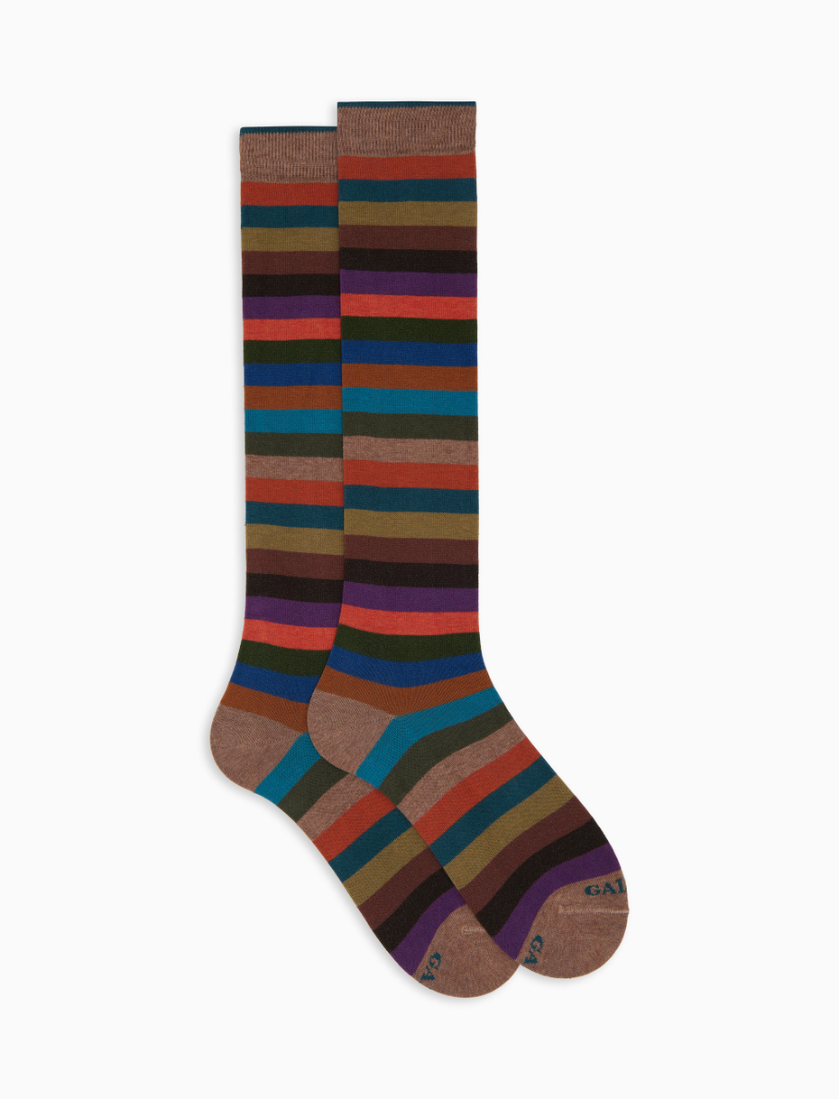 Women's long beige cotton socks with even stripes - Gallo 1927 - Official Online Shop
