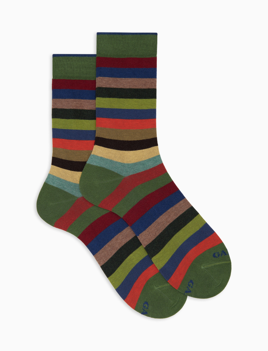 Women's short green cotton socks with even stripes - Gallo 1927 - Official Online Shop
