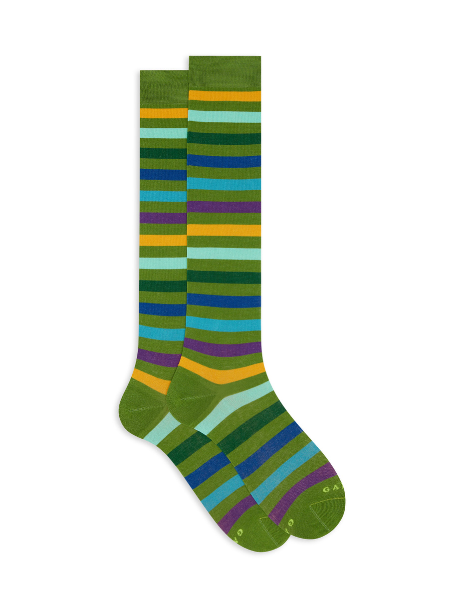 Women's ultra-light long cactus green cotton socks with even stripes - Gallo 1927 - Official Online Shop