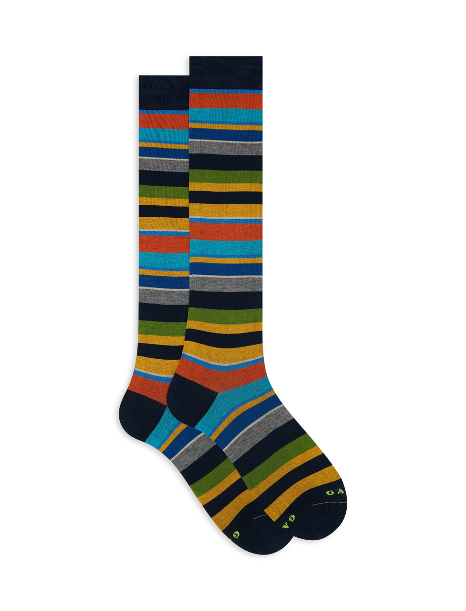 Calze lunghe donna cotone leggerissimo blu oltremare righe multicolor - Gallo 1927 - Official Online Shop
