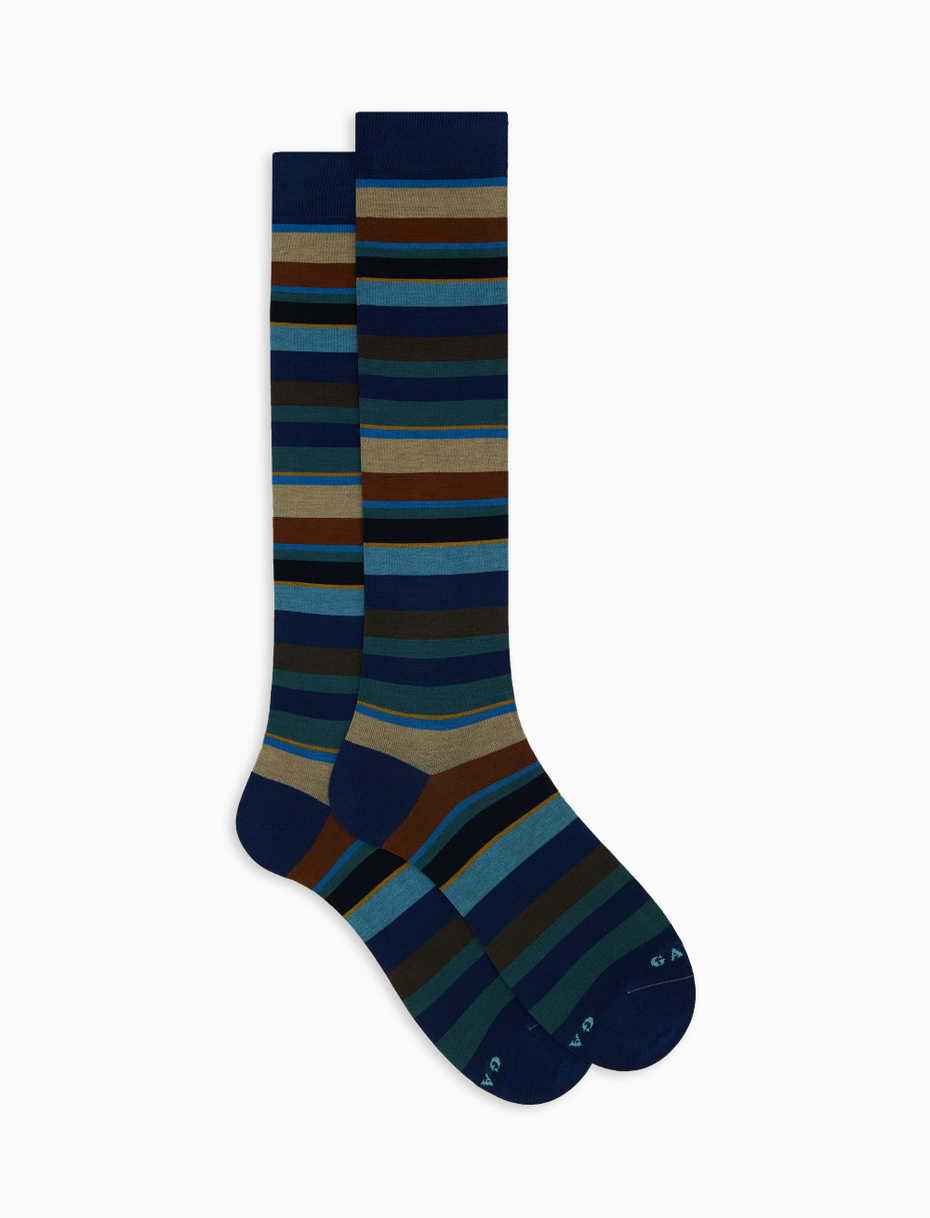 Women's long blue cotton socks with multicoloured stripes - Gallo 1927 - Official Online Shop