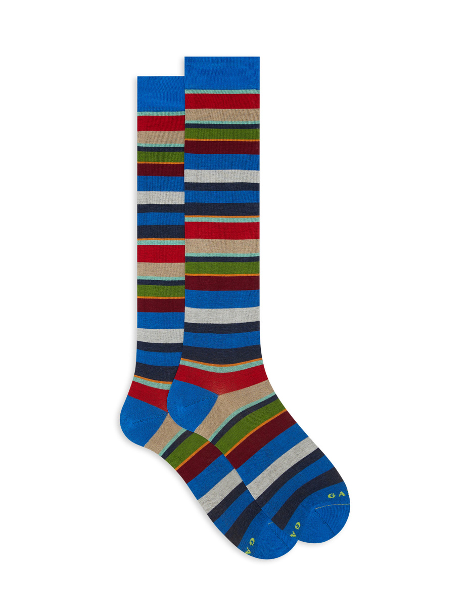 Women's long French blue ultra-light cotton socks with multicoloured stripes - Gallo 1927 - Official Online Shop
