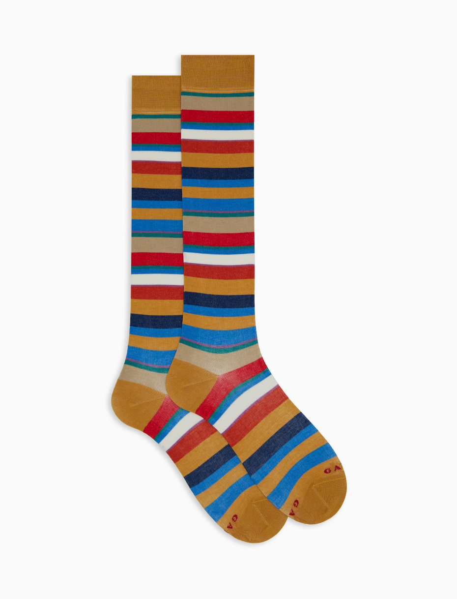 Women's long yellow cotton socks with multicoloured stripes - Gallo 1927 - Official Online Shop