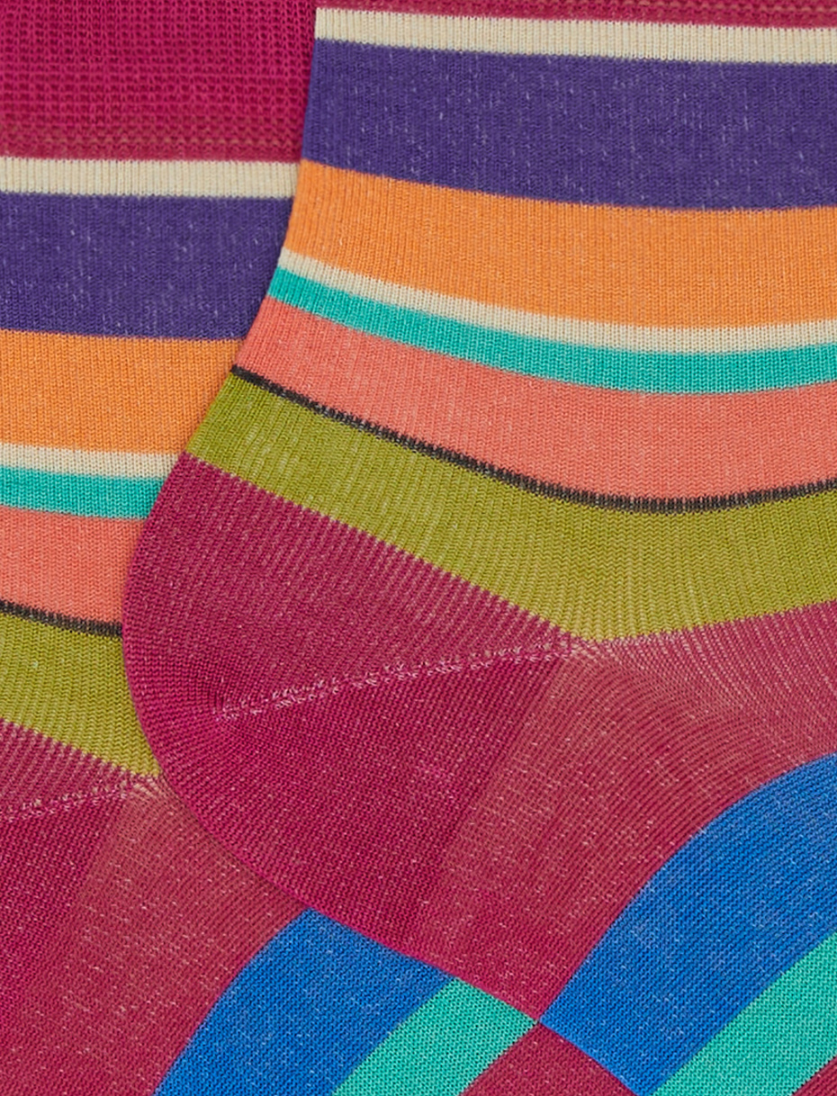 Women's short fuchsia ultra-light cotton socks with multicoloured stripes - Gallo 1927 - Official Online Shop