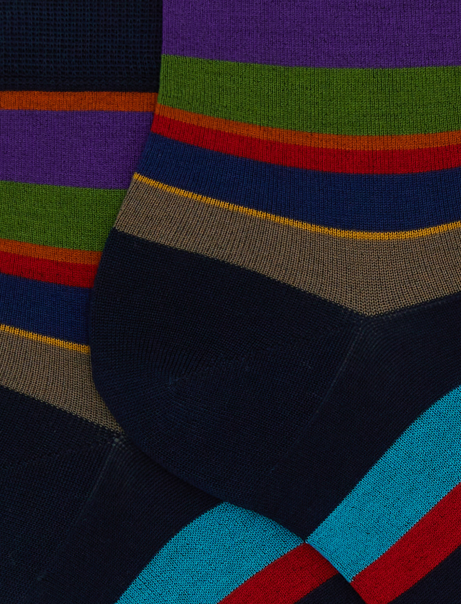 Women's short blue cotton socks with multicoloured stripes - Gallo 1927 - Official Online Shop