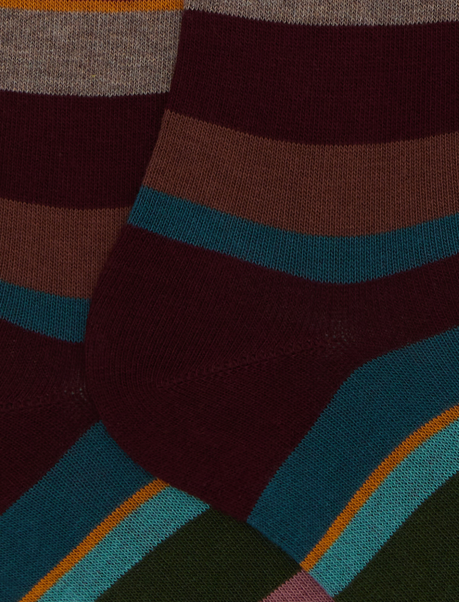 Women's long burgundy cotton socks with multicoloured stripes - Gallo 1927 - Official Online Shop