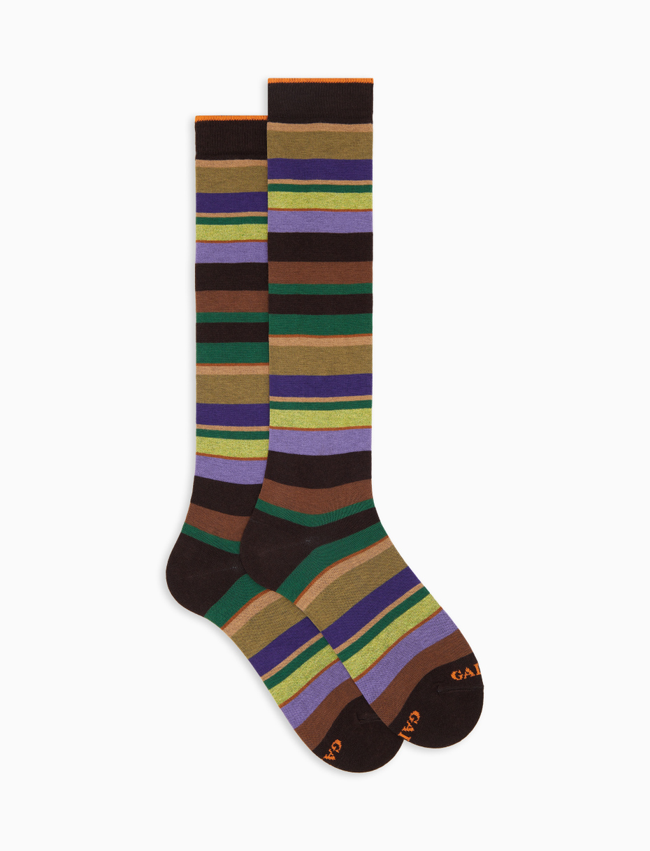 Women's long brown cotton socks with multicoloured stripes - Gallo 1927 - Official Online Shop