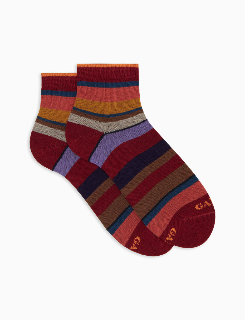 Women's super short burgundy cotton socks with multicoloured stripes - Gallo 1927 - Official Online Shop